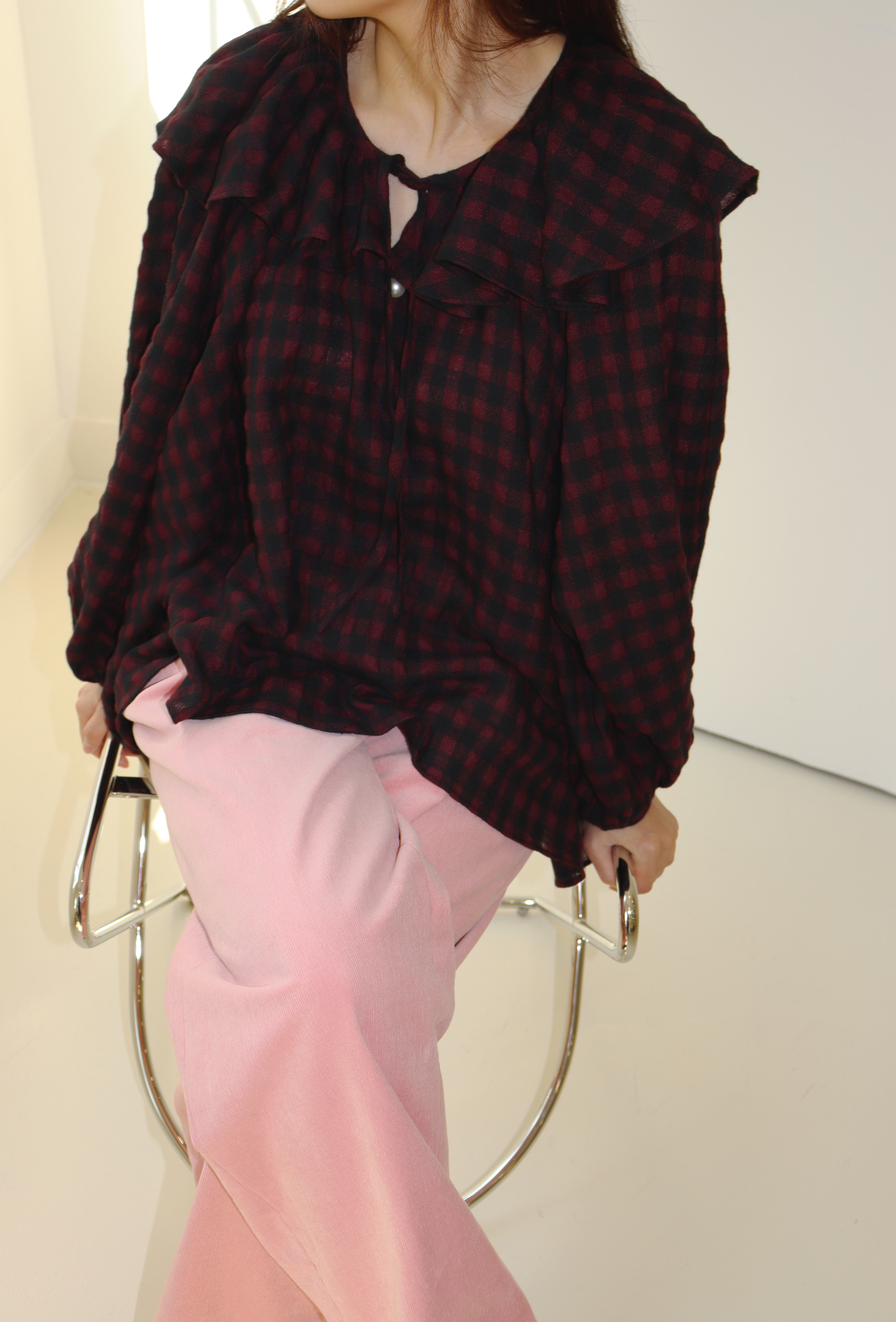 FRILL SHIRRING BLOUSE _ WINE GINGHAM CHECK